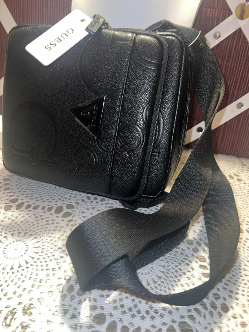 GUESS Black Embossed Logo Messenger Crossbody Bag